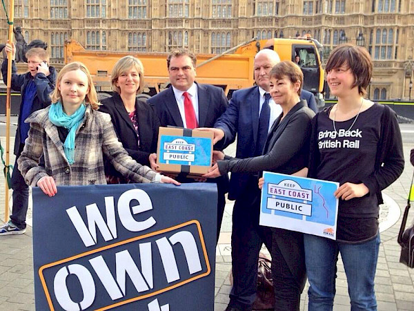 Cat Hobbs, Lilian Greenwood MP, Manual Cortes from TSSA Union, the late Bob Crow from RMT Union, Caroline Lucas MP and Ellie Harrison from Bring Back British Rail outside Parliament in 2013