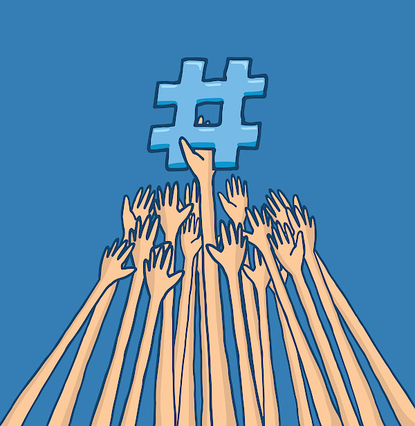 Hands reaching for a hashtag