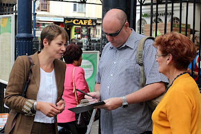 Caroline Lucas at Brighton station