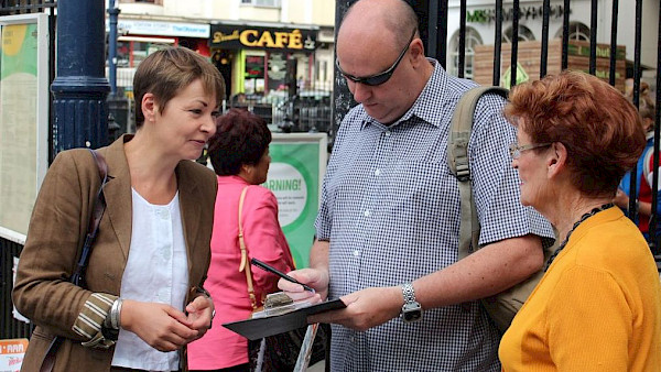 Caroline Lucas at Brighton station