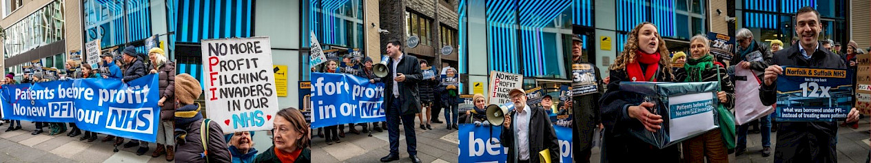 Image collage showing campaigners protesting outside the department for health