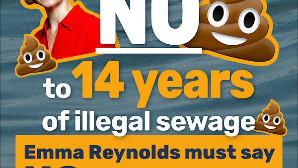 Graphic which says 'NO to 14 years of illegal sewage. Emma Reynolds must say NO to Thames Water' against a background of water. In the foreground is a picture of Environment Secretary Emma Reynolds, surrounded by smiling poo emojis