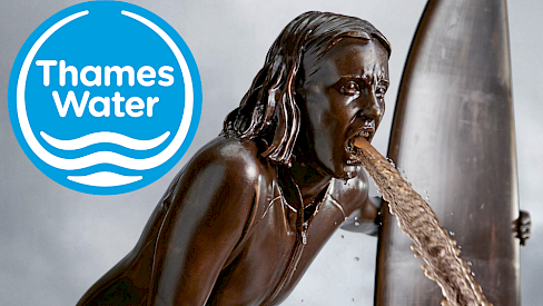 Picture of the Fountain of Filth, showing a statue of a young woman with a stream of dirty water coming out of her mouth. The accompanying text reads 'Bring Thames Water in to public ownership now'