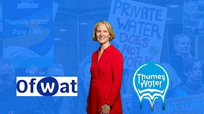 Image of Environment Secretary Emma Reynolds. On her left, the Ofwat logo. On her right, the Thames Water logo. Behind her in the background, a protestor holds a sign which says 'private water does not work'