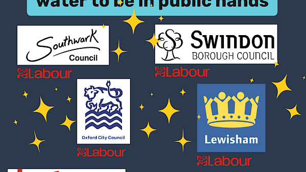 A graphic with a dark blue background and gold sparkles. In the foreground, the text 'these local councils have all passed motions calling for water to be in public hands'. Beneath, the logos of councils in Southwark, Swindon, Lewisham, Haringey and Newham