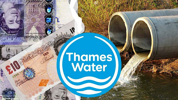 Composite picture of (lefto to right) English bank notes, the Thames Water logo, and 2 sewage pipes discharging into a river