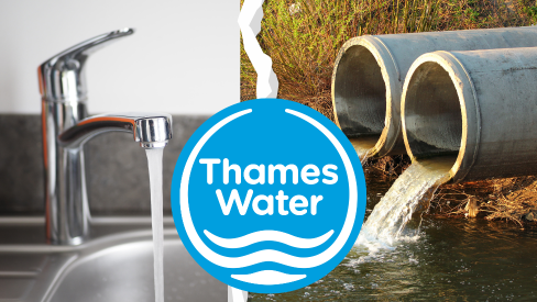 On the left, is an image of a running tap. On the right, is an image of two pipes releasing dirty water into a river. In the middle of the two images is the 'Thames Water' logo