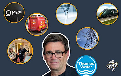 Photo of Andy Burnham surrounded by photos representing Palantir, Social Care, Royal Mail, Water, Energy, Rail, and Thames Water