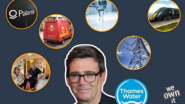 Photo of Andy Burnham surrounded by photos representing Palantir, Social Care, Royal Mail, Water, Energy, Rail, and Thames Water