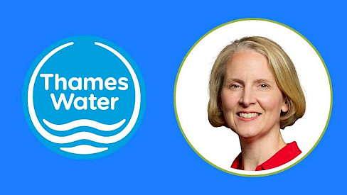Photo of Emma Reynolds, the Environment Minister, and the Thames Water logo which is melting.
