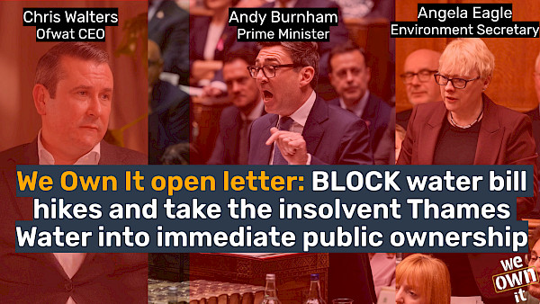 Collage of Andy Burnham, Angela Eagle, environment secretary, and Chris Walters, Ofwat CEO