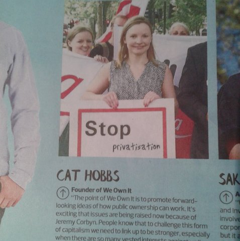 Picture of Cat Hobbs and 'stop privatisation' placard