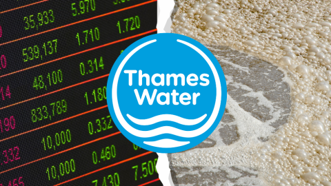Image shows share prices on a digital screen on one side and waves lapping on a beach on the other. In the middle is the Thames Water logo, a blue circle with white writing for the name and waves.