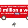 The text "we send private health shareholders profits of £10 million a week: let's fund our NHS instead" written on a red bus