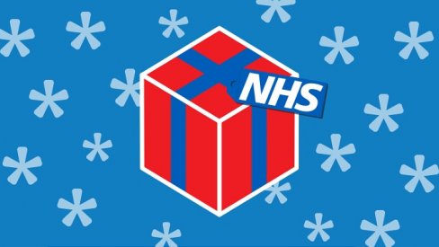 An image of a Christmas present with the word NHS on it, surrounded by stars on a blue background